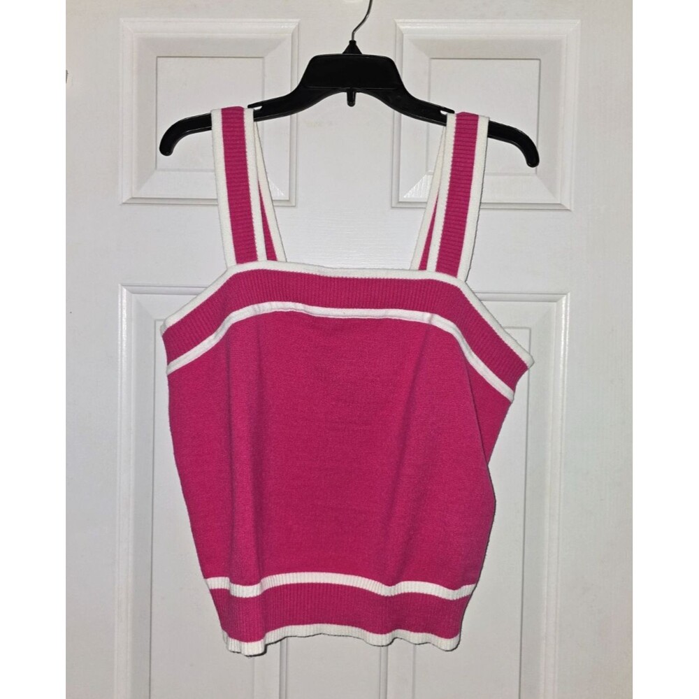Pink Knit Tank Top Womens 2XL Square Neck Striped Trim Crop Cami Barbiecore Chic